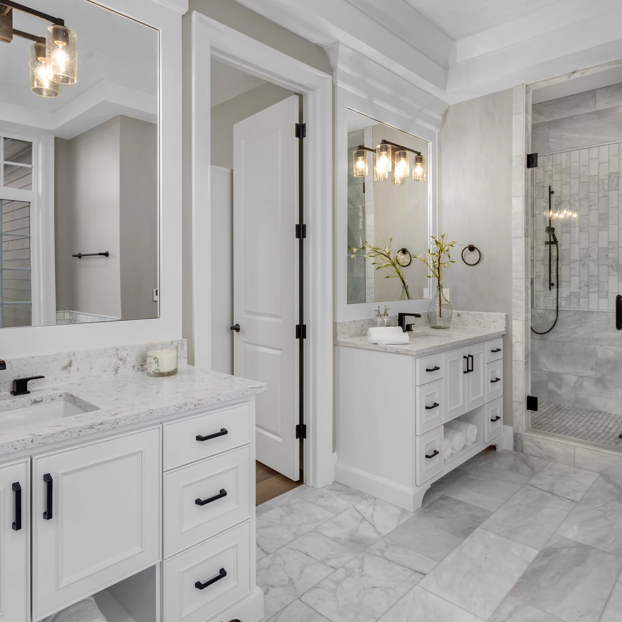 white bathroom farmhouse style with custom shower